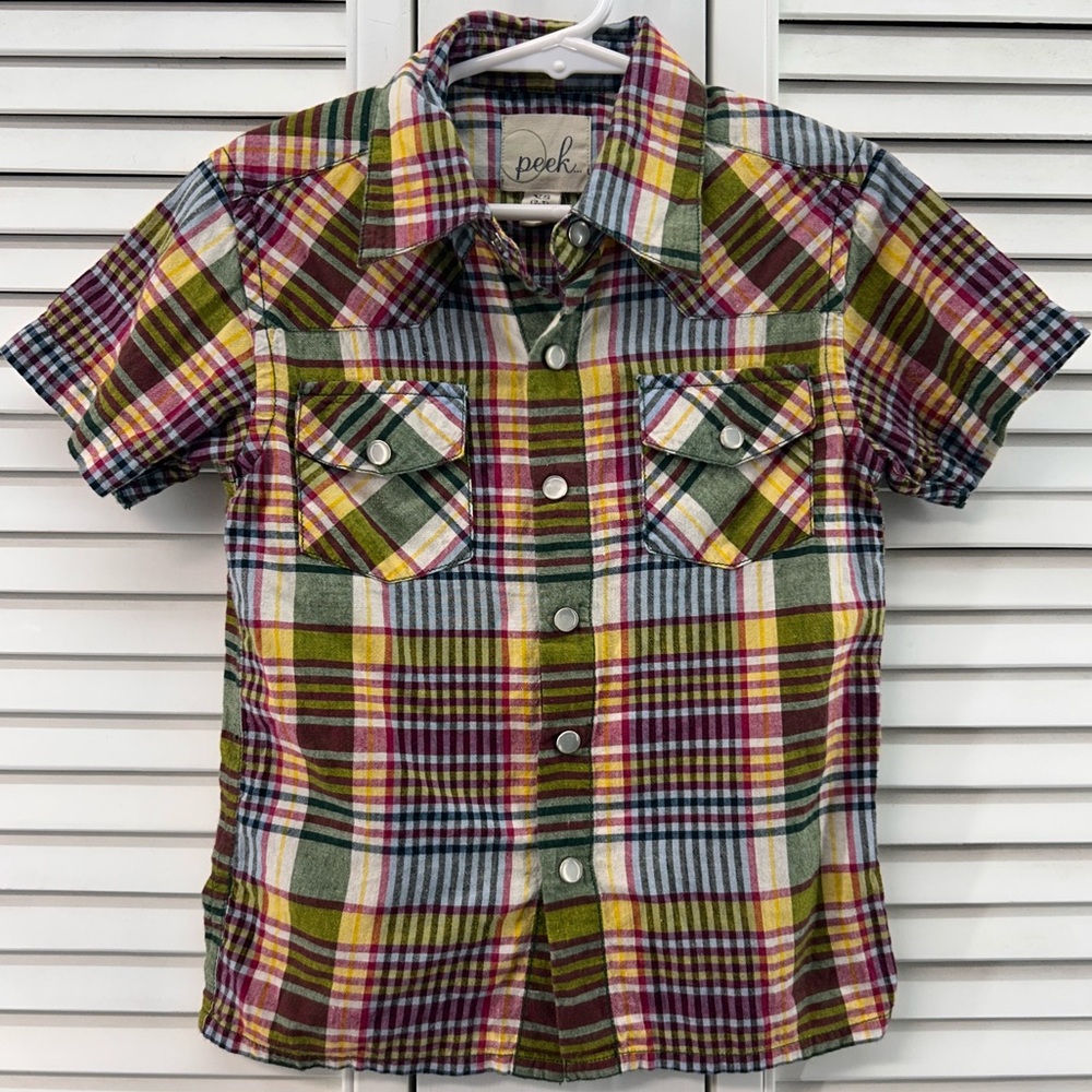 Peek size 2-3 multi colored Plaid pearl snap Button Down Shirt